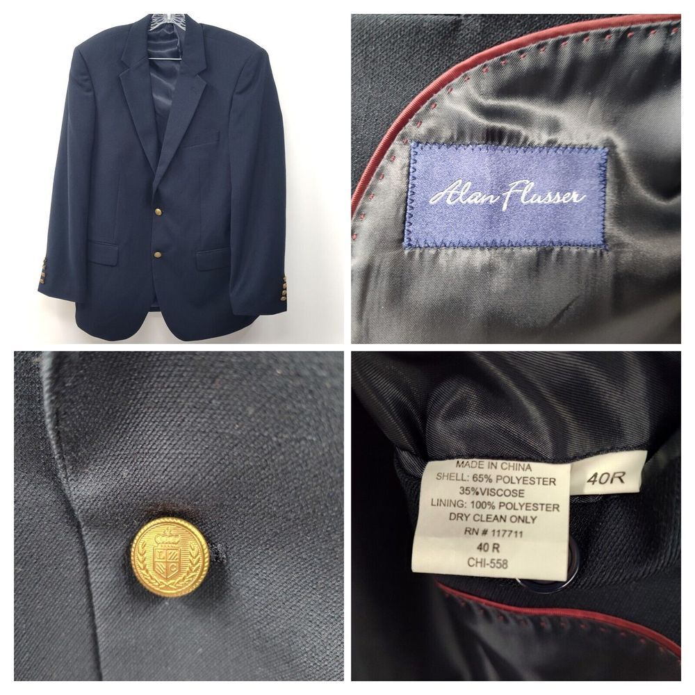 Alan Flusser Men's Blazer 40R Navy Blue Gold‎ Two-Button Coat Jacket Lined